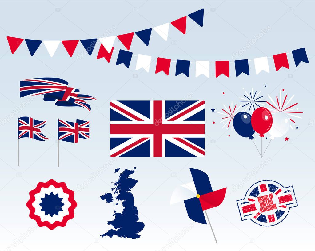 Big set of United Kingdom ribbons, symbols, icons and flags isolated on a white background, Made in United Kingdom. Vector symbolism, premium quality, set for your infographics, and templates