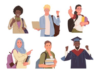 Bir grup üniversite ya da üniversite öğrencisi tartışılıyor. Farklı etnik çeşitlilikte kadın ve erkeklerin sohbet ettiği düz vektör çizimi. Konuşan karakterler