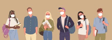 Hastalığı, gribi, hava kirliliğini, kirli havayı ve dünya kirliliğini önlemek için maske takan bir grup insan. Düz bir şekilde vektör illüstrasyonu