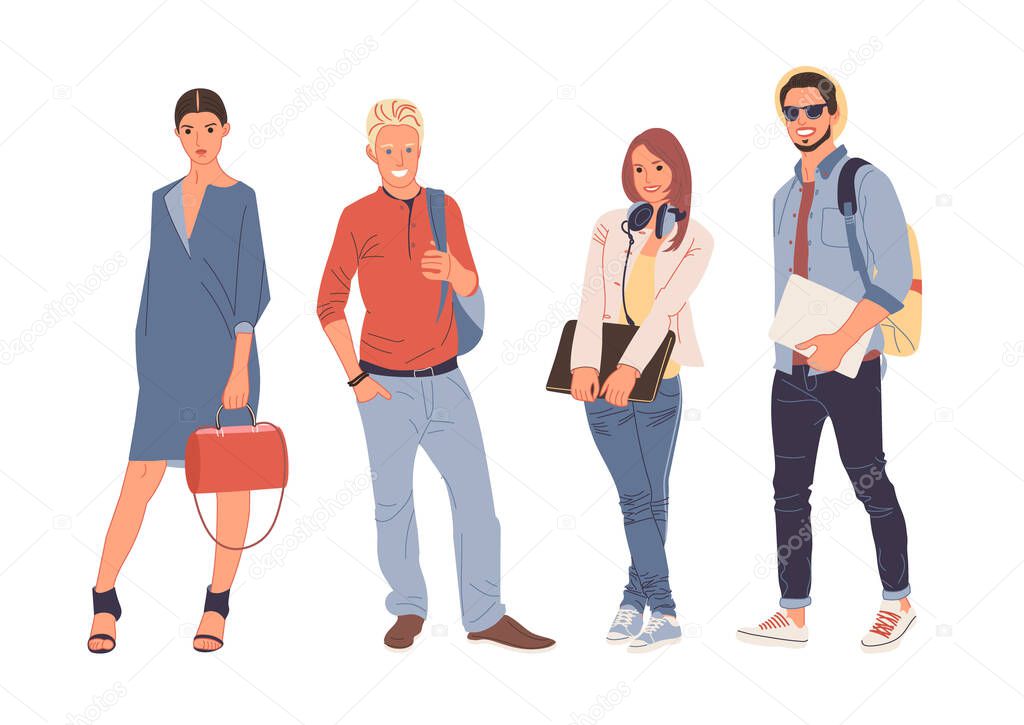 Group portrait of smiling teenage boys and girls or school friends standing together, full length. Happy students isolated on white background. Flat cartoon vector illustration.