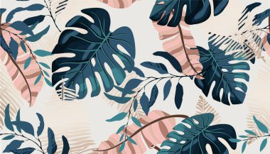 Egzotik tropikal bitkiler, palmiye ağaçları, pembe ve mavi canavar yapraklarıyla Hawaii 'nin kusursuz yaz şablonu.