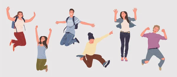 People happy jumping set. Young funny teens large group guy, girl, jumping together joy lifestyle celebration victory team smiling students celebrates success. Color cartoon vector.