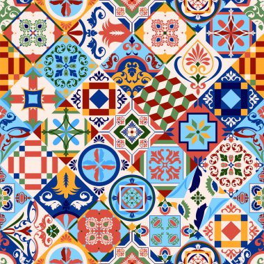 Azulejos Portekiz. Türk süsü. Fas fayans mozaiği. Seramik sofra takımı, halk baskısı. İspanyol çömleği. Etnik kökenli. Akdeniz 'in dikişsiz duvar kağıdı.