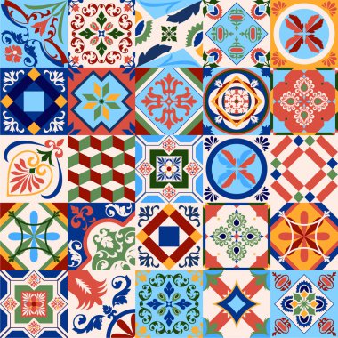 Azulejos Portekiz. Türk süsü. Fas fayans mozaiği. Seramik sofra takımı, halk baskısı. İspanyol çömleği. Etnik kökenli. Akdeniz 'in dikişsiz duvar kağıdı.