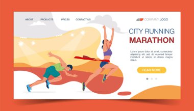 Maraton yarış grubu. Sportswer giyen kadın ve erkeklerin düz modern vektör çizimi. Maraton yarışı, sprint. Yaratıcı iniş sayfası tasarımı şablonu, web pankartı