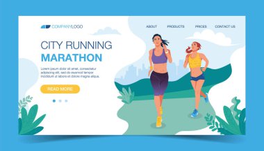 İniş sayfası şablonu çalışıyor. Parkta koşan iki kadın. Maraton, şehir koşusu, antrenman, kardiyo egzersizi. Düz biçimli vektör illüstrasyonu