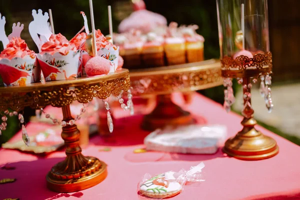 Mesa Rosa Bonito Para Uma Festa Verão Quintal Bolos Guloseimas — Fotografia de Stock