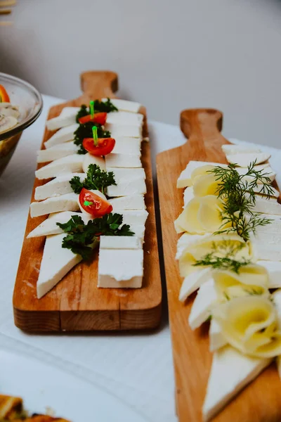 Various Types Cheese Served Board Event Meze Party Guests — Stock Photo, Image