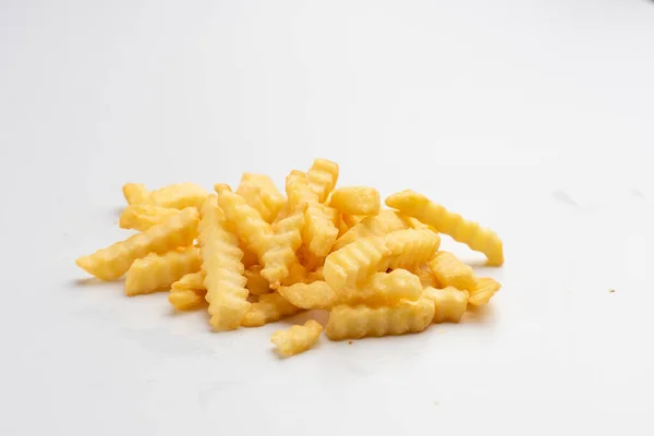 Crinkle Pommes Frites Vit Bakgrund Del Pommes Frites Potatis Meny — Stockfoto