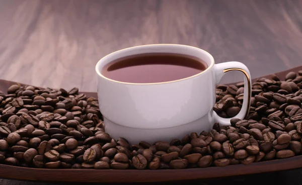 Cup Coffee White Mug Coffee Beans Wooden Tabletop Coffee Beans — Stock Photo, Image