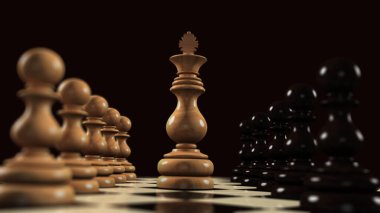 Satranç tahtasındaki satranç taşları, koyu arkaplandaki 124lere karşı; dinamik bej ve siyah satranç taşları