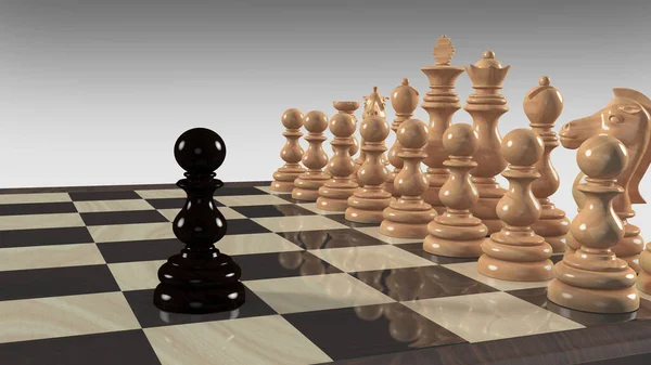 Šachové Figurky Šachovnici Bílém Pozadí Dynamické Béžové Černé Šachové Figurky — Stock fotografie
