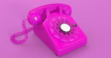 Eflatun arka plan üzerinde şok edici pembe renkli vintage telefon (124); Rotary dial (124); Kablolu telefon (124); Alıcısı olan eski telefon 