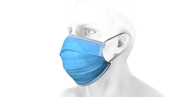 白いグラデーションの背景に青い保護顔のマスクをした男 顔にウイルス対策マスクをつけて人の閉鎖ショット ヘルスケアデザイン3Dレンダリング ストック写真