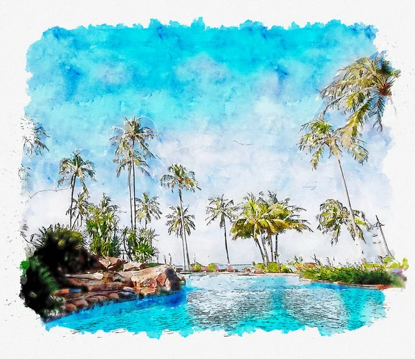 Akvarel Ilustrace Tropical Beach Resort — Stock fotografie