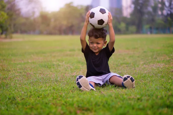 Asian Kid Playing Soccer Football Park — Stock Photo, Image