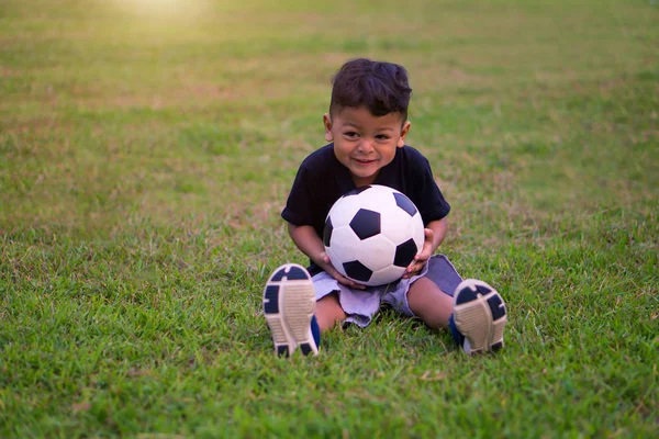 Asian Kid Playing Soccer Football Park — Stock Photo, Image