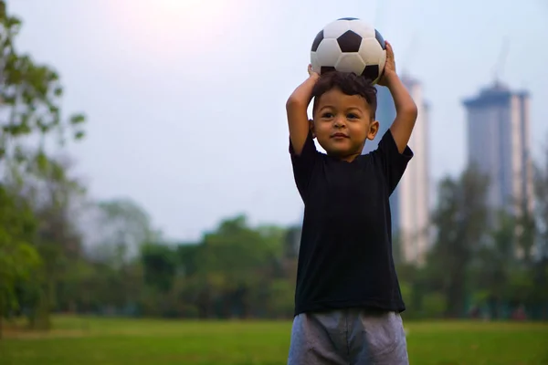 Asian Kid Playing Soccer Football Park — Stock Photo, Image