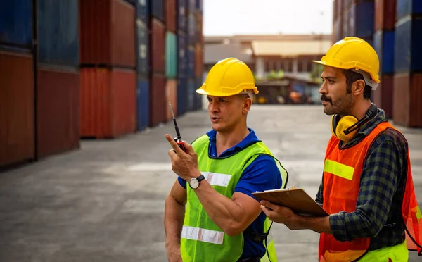 Two Industrial Workers Discussing Job Planning Shipping Industry — Stock Photo, Image