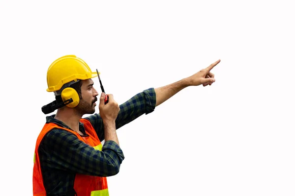 Industrial Worker Controlling Container Loading Walkie Talkie Import Export Business — Stock Photo, Image