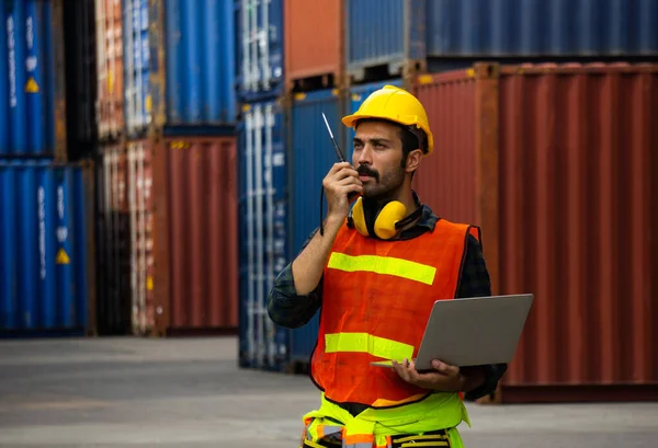 Industrial Worker Controlling Container Loading Walkie Talkie Computer Laptop Import — Stock Photo, Image