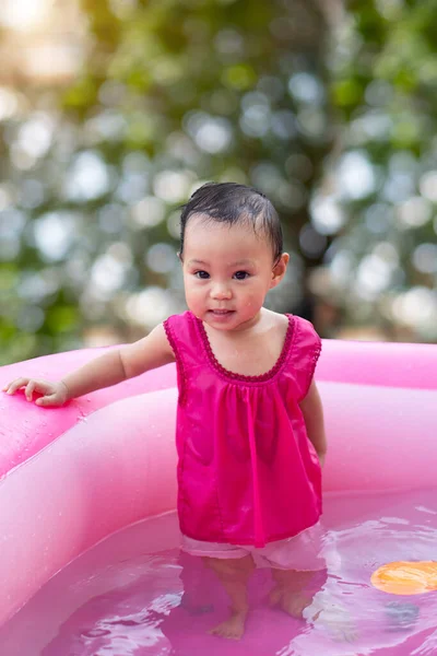 Asian Baby Girl Playing Baby Rubber Pool — Stock Photo, Image