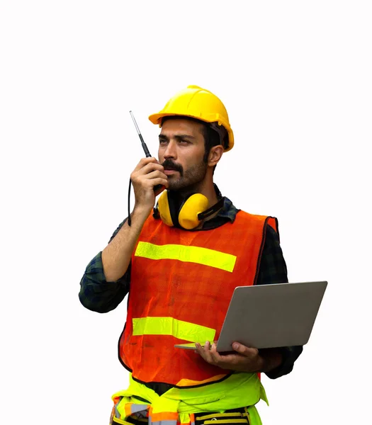 Industrial Worker Using Walkie Talkie Isolated White Background — Stock Photo, Image