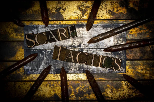 Scare Tactics Text Formed Real Authentic Typeset Letters Vintage Textured — Stock Photo, Image