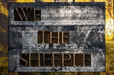 Biz The Sheeple metni, klasik desenli gümüş grunge bakır ve altın arkaplan üzerine hakiki daktilo harfleriyle oluşturulmuş.