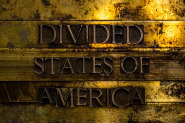 Divided States of America text formed with real authentic typeset letters on vintage textured silver grunge copper and gold background clipart