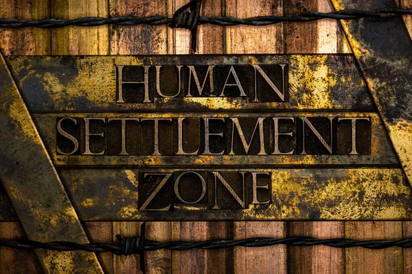 Human Settlement Zone text formed with real authentic typeset letters on vintage textured silver grunge copper and gold background