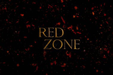 Siyah zemin üzerinde kırmızı virüs parçacıklarıyla kırmızı bölge harfleri