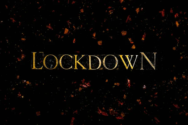 Lockdown Tekst Neon Letters Zwarte Achtergrond Met Rode Virusdeeltjes — Stockfoto