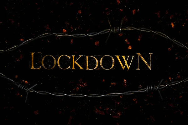 Lockdown Texto Letras Néon Sobre Fundo Preto Com Partículas Vírus — Fotografia de Stock