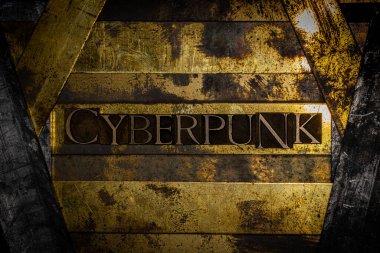 Dokulu grunge bakır ve klasik altın arkaplan üzerine siber punk