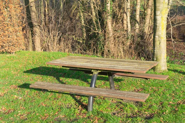 Una Combinación Banco Madera Una Mesa Algún Lugar Fuera Parque — Foto de Stock