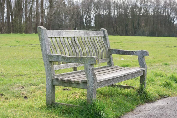 Arka planda ağaçlar olan bir tarlanın kenarındaki eski bank.