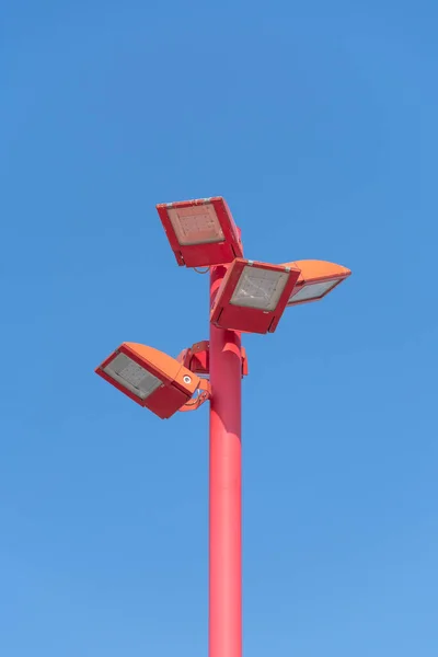 Close Red Led Lighting Pole Four Lamps Blue Sky Background — Stock Photo, Image