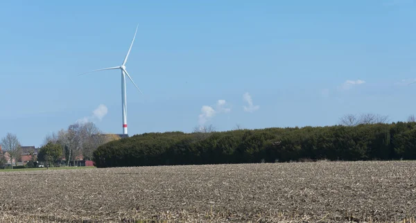 Turbina Wiatrowa Jasnoniebieskim Niebem Jako Tłem Jałowym Polem Pierwszym Planie — Zdjęcie stockowe