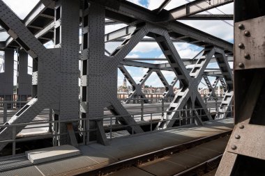 Temse, Belgium, July 05, 2020, Detail photo of the steel construction of the bridge over the Scheldt