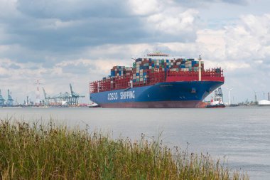 Doel, Belçika, 17 Ağustos 2020, Cosco Nakliye, merkezi Şangay 'da bulunan bir konteyner gemisi şirketidir.
