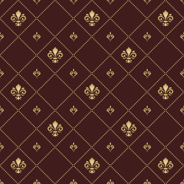 Kusursuz vektör altın desen. Altın kraliyet zambaklarıyla modern geometrik süslemeler. Klasik vintage arkaplan