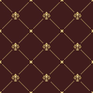 Kusursuz vektör deseni. Altın kraliyet zambaklarıyla modern geometrik süslemeler. Klasik vintage arkaplan
