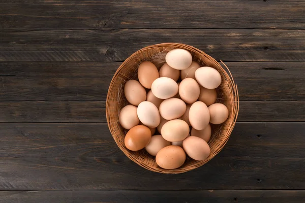 Chicken Eggs Basket Wooden Background — Stock Photo, Image