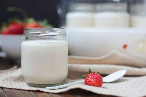 Ein Glas Selbstgemachten Joghurt Ohne Dekoration Auf Naturfarbstoff Eine Erdbeere — Stockfoto