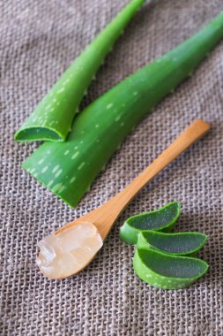 aloe vera çul doku ile tahta kaşık üzerinde aloe vera jel