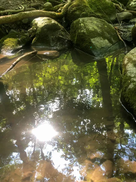 Abstrakte Nahaufnahme von Wald und blauem Himmel, die sich im fließenden Fluss widerspiegeln — Stockfoto
