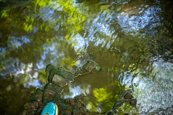 Fondo abstracto y surrealista. Zapato azul se prepara para entrar en los árboles reflejados y el cielo en el arroyo del bosque. marco completo — Foto de Stock