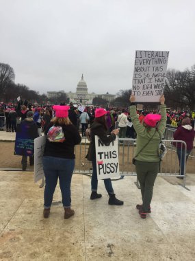 Washington, DC / USA - 01/21/2017: Women in pink hats hold signs in front of capitol building during women's March on Washington. 