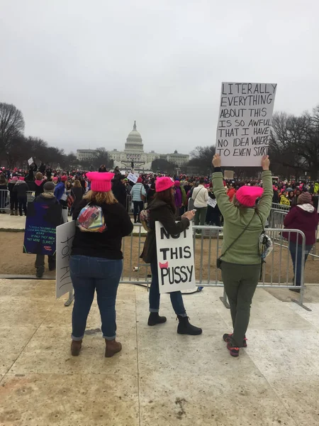 Washington Eua 2017 Mulheres Chapéu Rosa Seguram Cartazes Frente Prédio — Fotografia de Stock